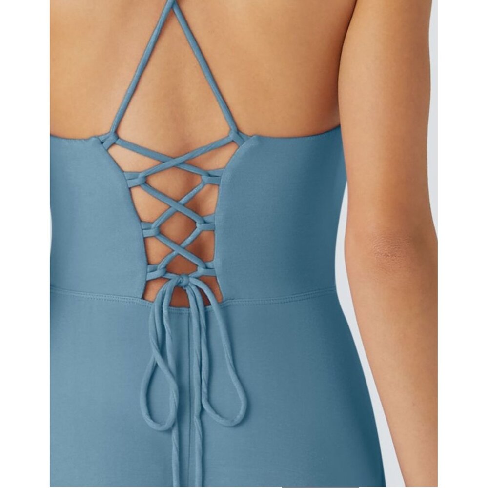 Halara Ribbed Cowl Neck Backless Crisscross Lace Up Party Dress Sz Medium Blue - Picture 4 of 9
